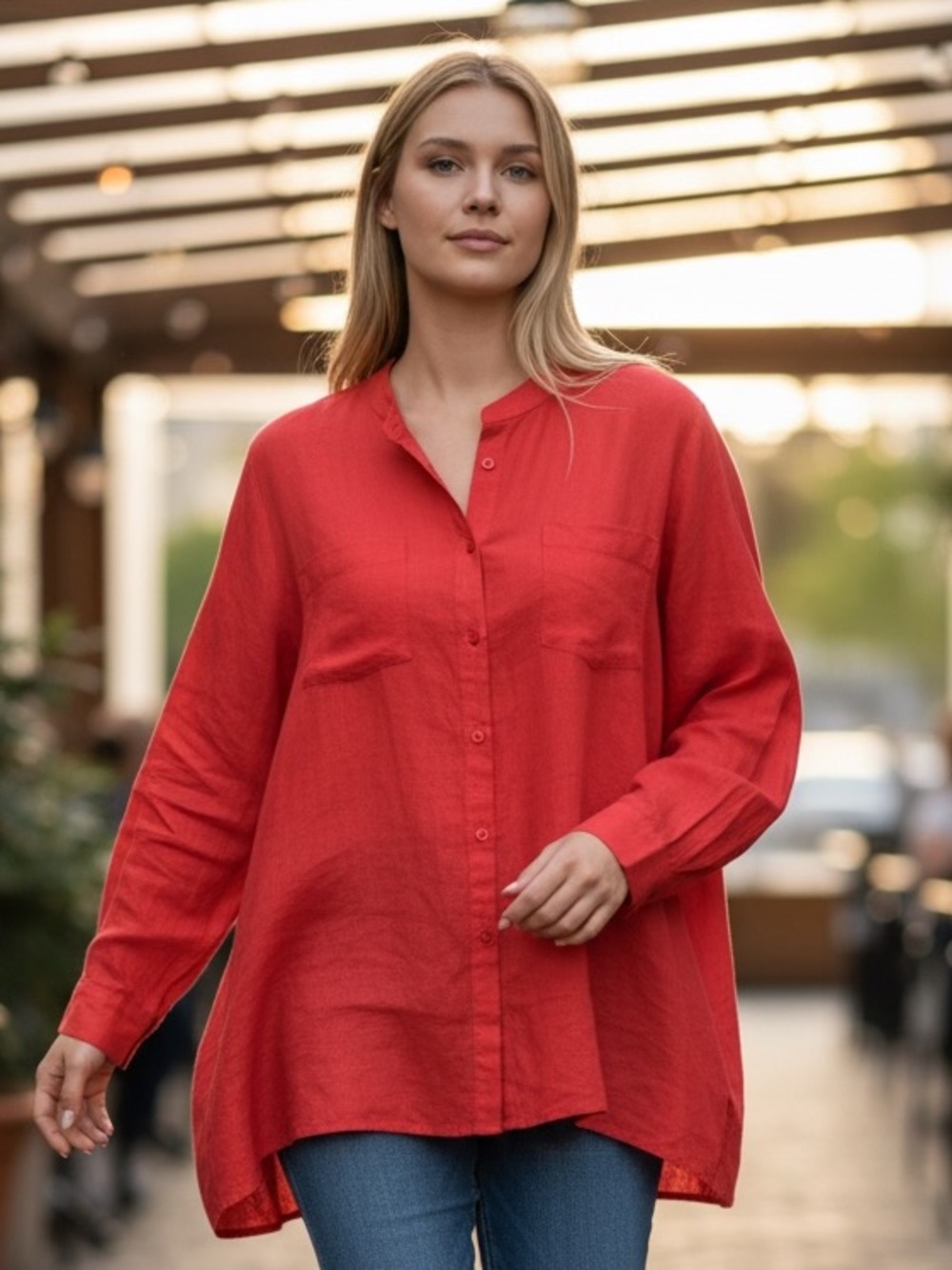 Eileen Fisher Red 100% Irish Linen Button Front Shirt Tunic Long Sleeve M - Picture 1 of 10